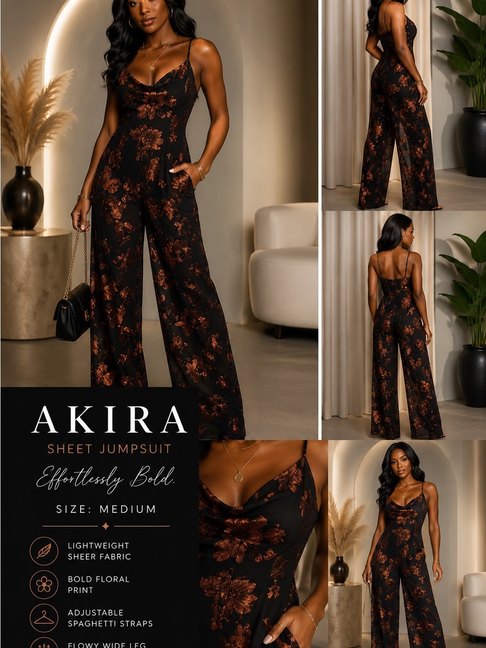 AKIRA Black Jumpsuit with Rust Floral Print